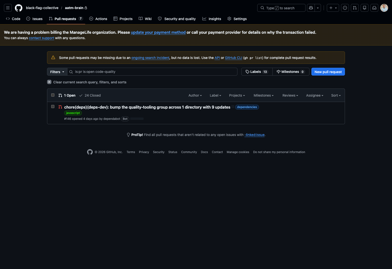 Filtered PR list in aatm-brain showing the open code-quality PRs