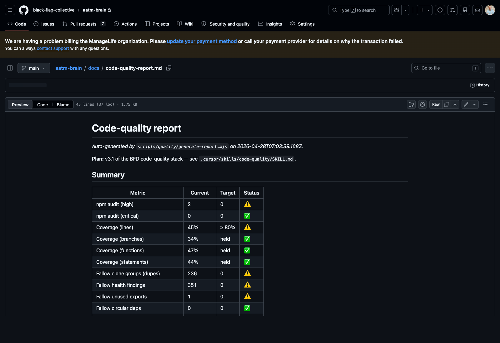 docs/code-quality-report.md rendered on GitHub