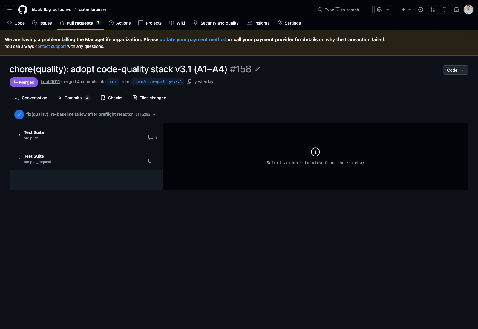 Checks tab of PR #158 in aatm-brain showing all green checks
