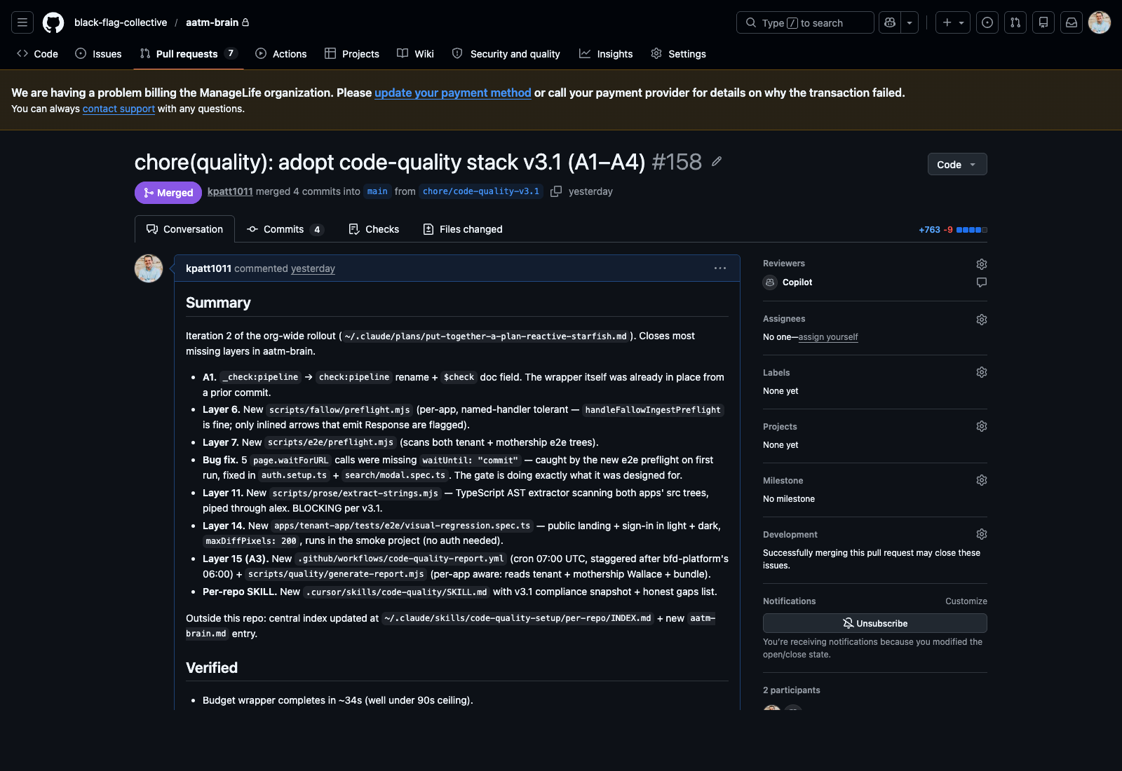 PR #158 overview showing the merged code-quality stack adoption